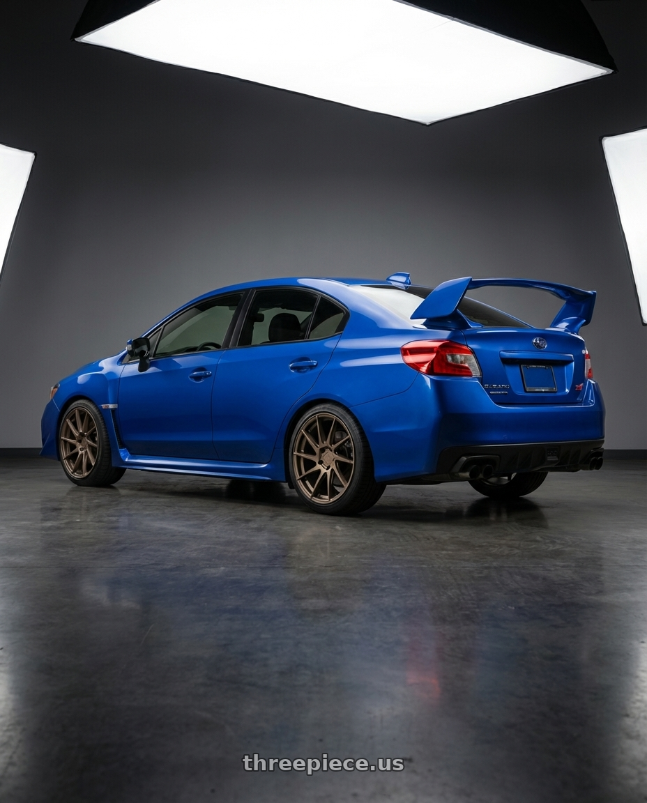 2018 Subaru WRX STI with Aodhan AH09 5x114.3 18x8.5 +35 Matte Bronze wheels rear three quarter view square tires