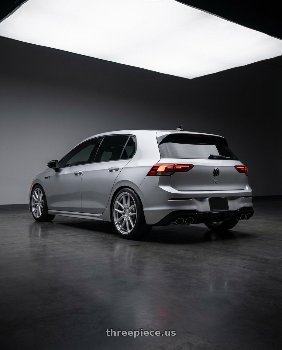 2024 Volkswagen Golf R MK8 with Aodhan AFF2 5x112 19x9.5+35 Gloss Silver Machined Face wheels rear three quarter view square tires