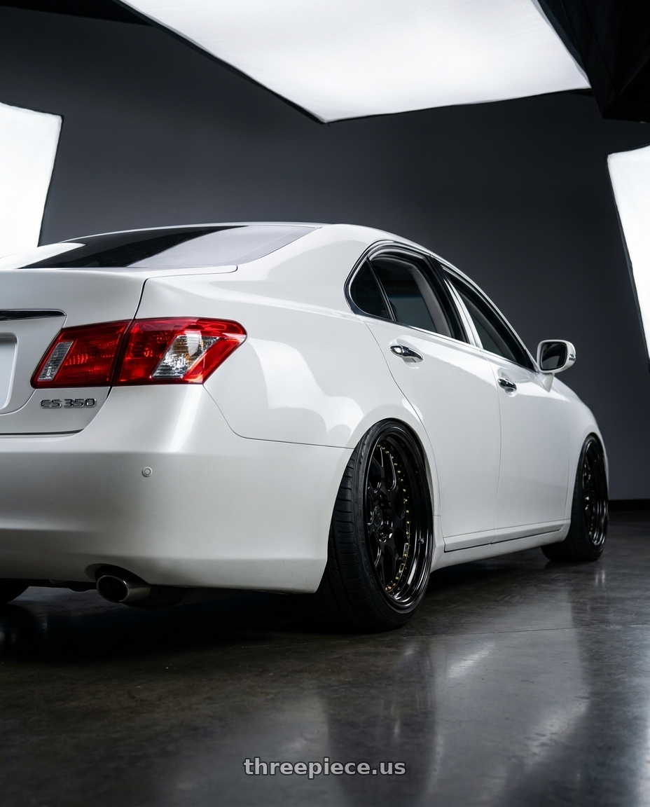 2012 Lexus es350 with Aodhan DS01 5x114.3 18x8.5+35 Black Vacuum W/ Gold Rivets wheels rear three quarter view meaty tires