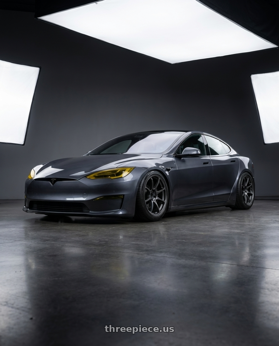 2021 tesla model s plaid with Volk Racing NE24 5x120 19x10 +34 MATTE GUNBLACK wheels