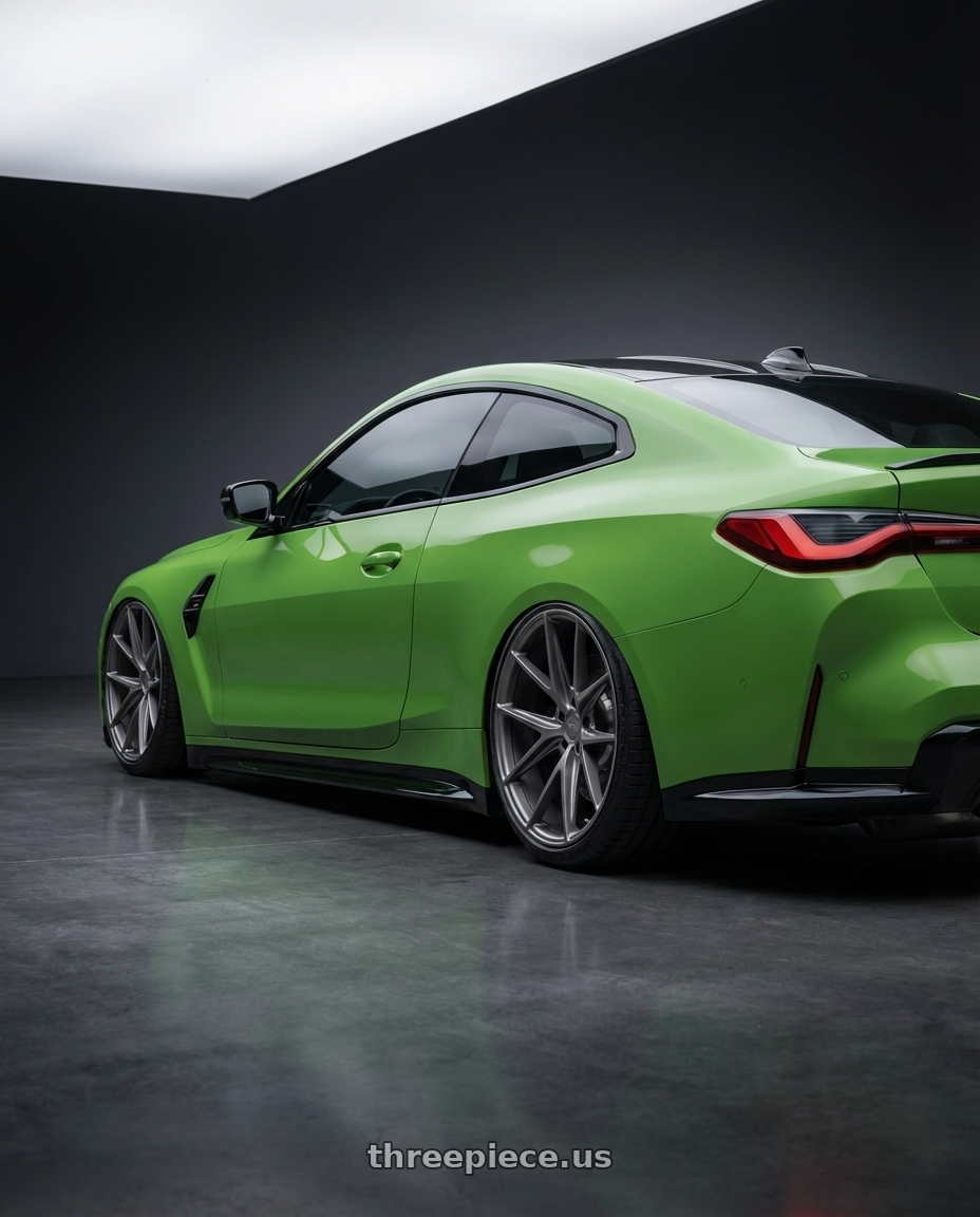 2024 BMW M4 G82 with Niche 1PC M116 MISANO 5X112 19X9.5 +38 MATTE GUN METAL wheels rear three quarter view slight stretch tires