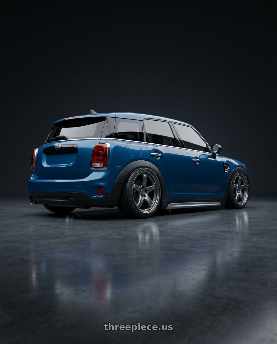 2018 Mini countryman with Enkei PF05 5x100 18x9+40 Dark Silver wheels rear three quarter view slight stretch tires