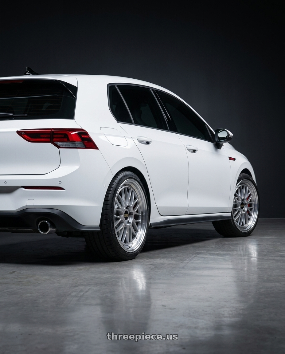 2024 Volkswagen GTI with BBS LM 5x112 19x9.0+42 Diamond Silver wheels rear three quarter view square tires