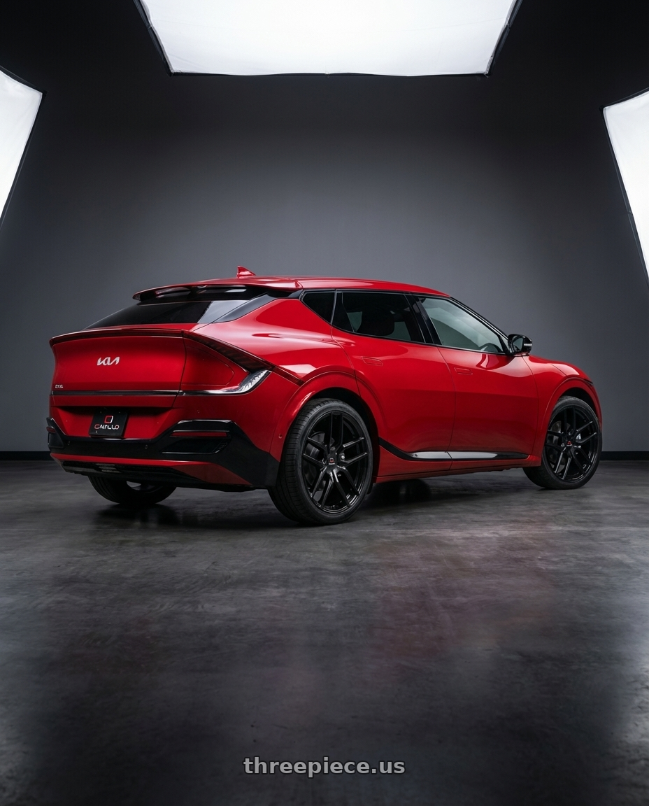 2024 kia ev6 with Cavallo CLV-55 5x114.3/5x120 20x8.5 +35 Gloss Black wheels rear three quarter view square tires