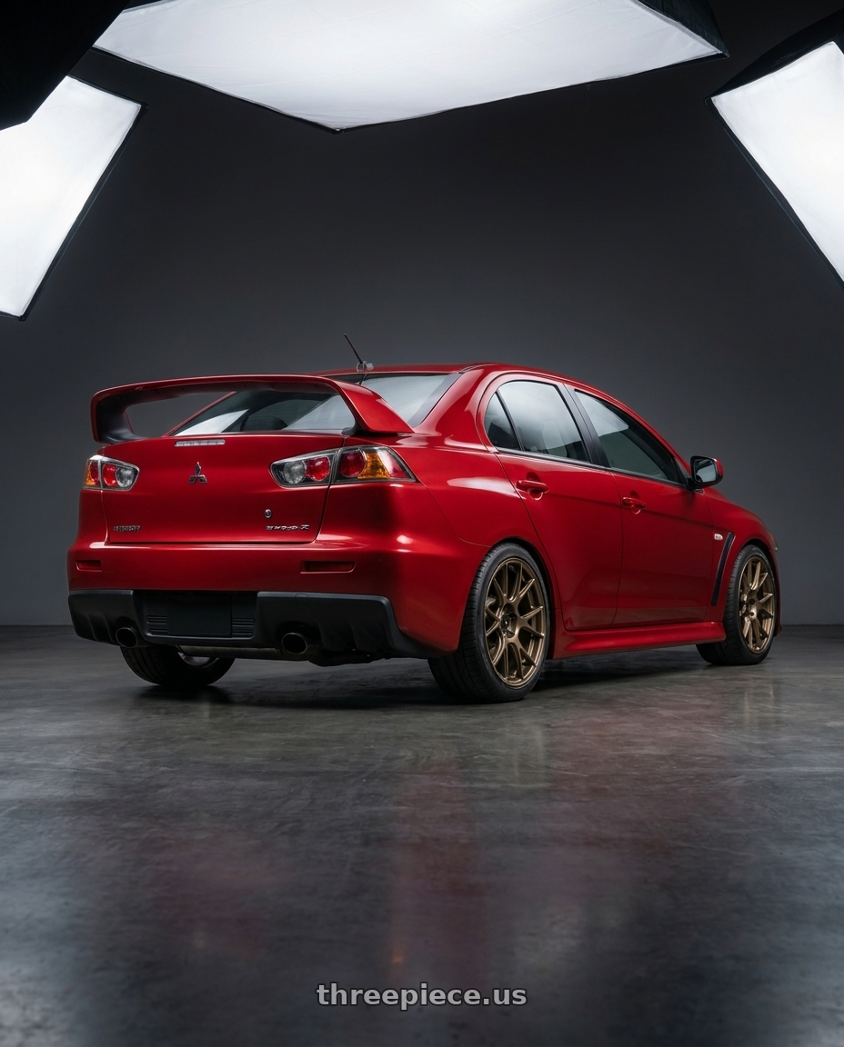 2012 Mitsubishi Lancer Evo X with Konig Ampliform 5x114.3 18x8.5+35 Gloss Bronze wheels rear three quarter view square tires