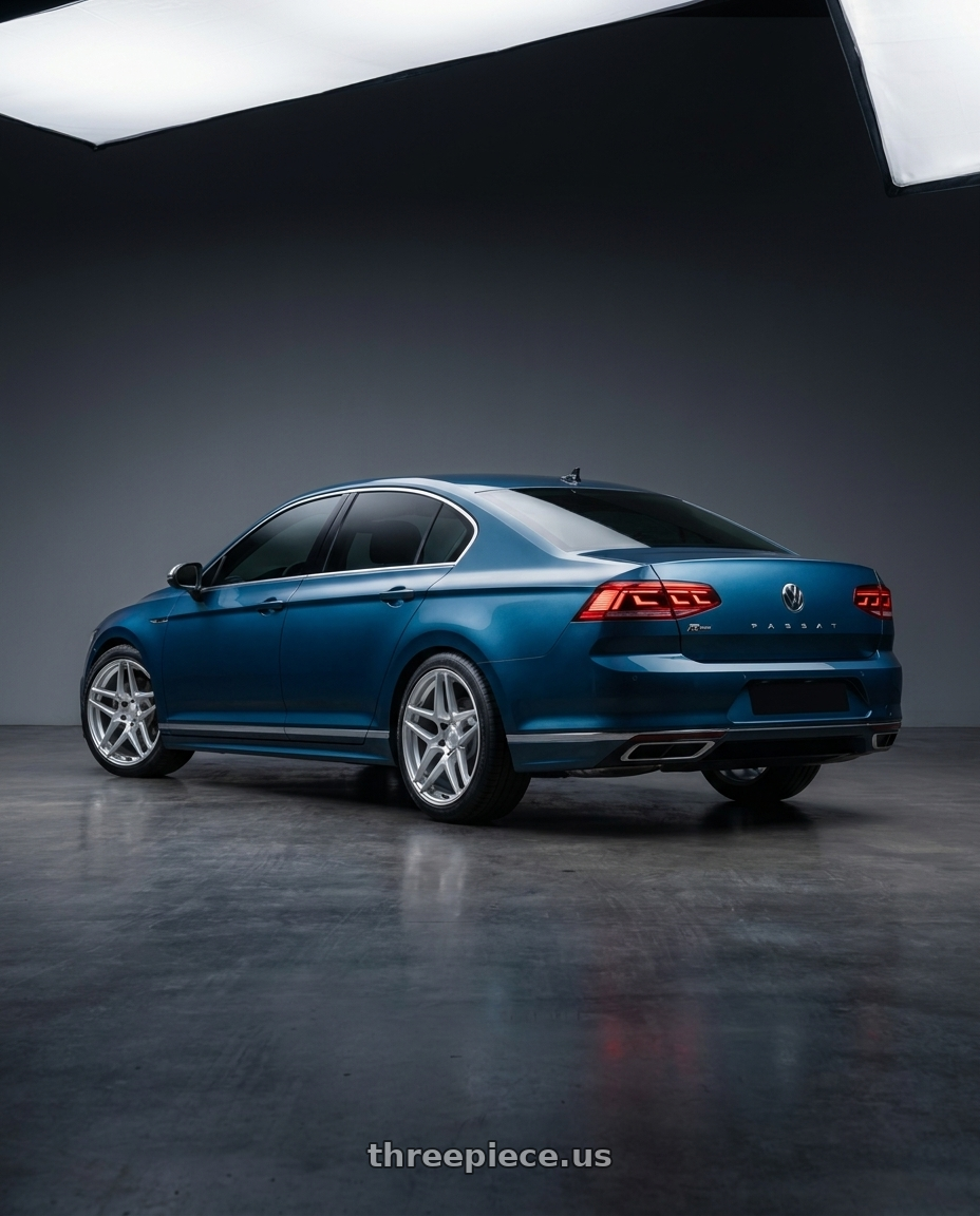 2022 Volkswagen Passat B8.5 3G R-Line, Aquamarine Blue Metallic with Kansei K15H Astro 5X112 19x8.5 35 Hyper Silver wheels rear three quarter view square tires