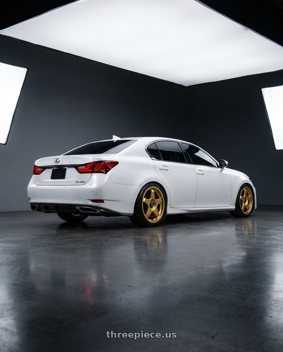 2013 Lexus GS350  with fifteen52 CHICANE 5x114.3 / 5x120 19x8.5 +35 GOLD (GLOSS GOLD) wheels rear three quarter view square tires