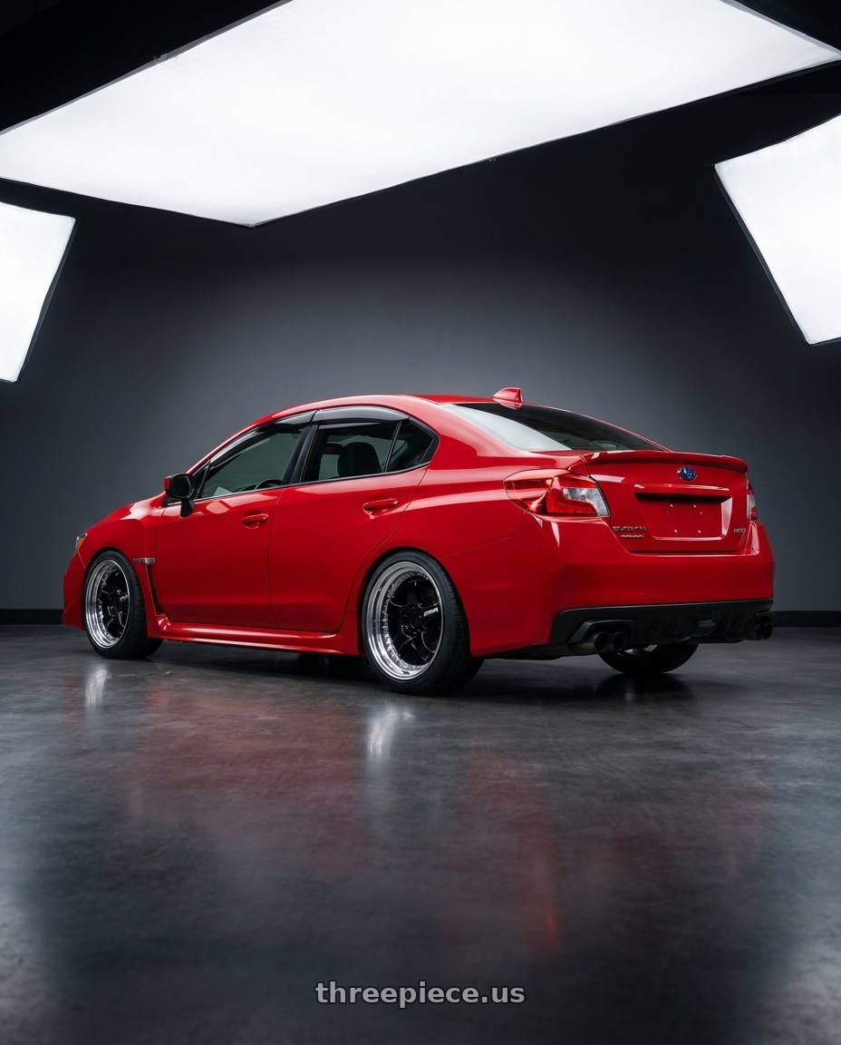 2018 Subaru WRX with Work Meister S1 3P 5x100 18x8.5+16 A Disk Black wheels rear three quarter view square tires