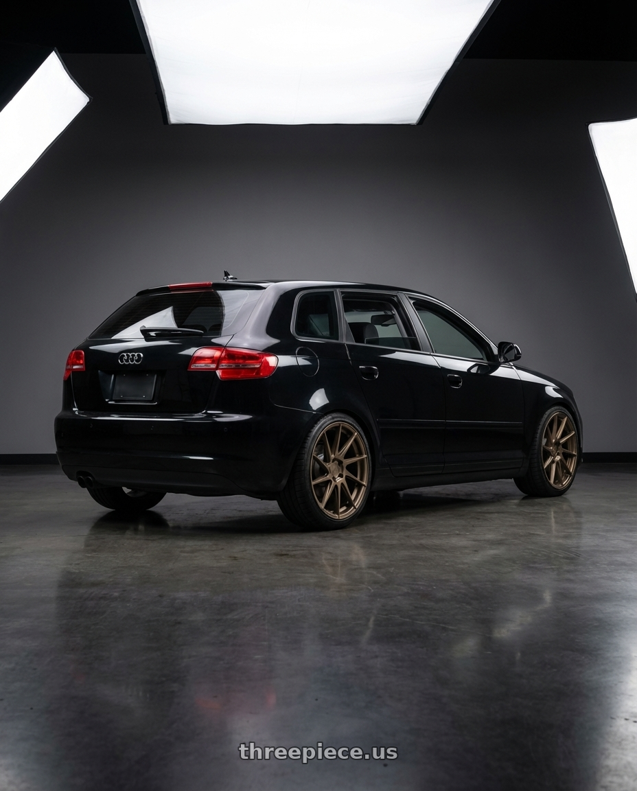 2012 Audi A3 8P with Aodhan AH09 5x112 18x8.5 +35 Matte Bronze wheels rear three quarter view square tires