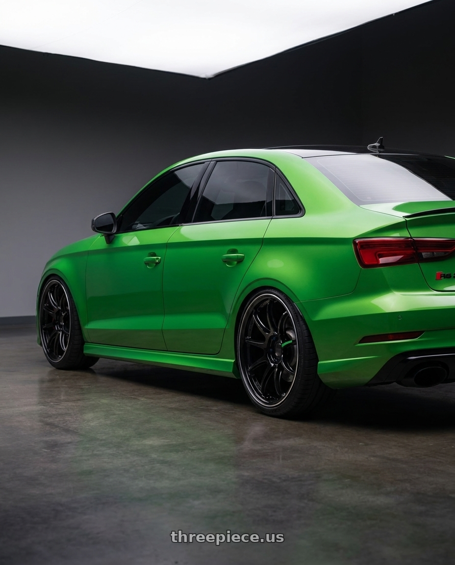 2017 Audi RS3 with Work Emotion Zr10 5x112 19x10.5 +23 Black Diamond Lip Cut wheels rear three quarter view extreme stretch tires