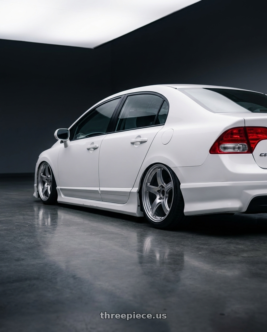 2007 honda civic ex with Gram Lights 57CR 5x114.3 17x9 +38 GRACE SILVER wheels rear three quarter view slight stretch tires