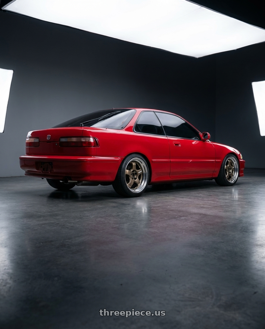 1993 Acura Integra with Work Meister S1 2P 4x100 15x7+45 R Disk Titanium Gold wheels rear three quarter view square tires