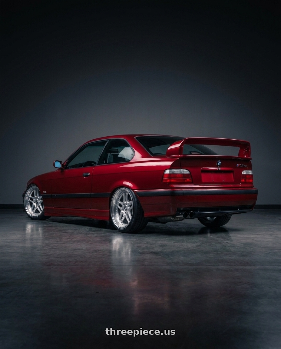 1996 BMW E36 328is with ESR Wheels CS SERIES CS12 5x120 18x8.5 +30 Hyper Silver wheels rear three quarter view square tires