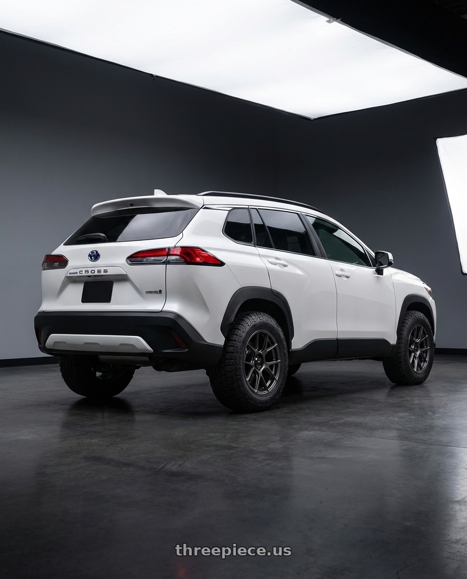 2023 Toyota Corolla Cross XSE Hybrid with Konig Ampliform 5x114.3 17x9+40 Dark Metallic Graphite wheels rear three quarter view meaty tires