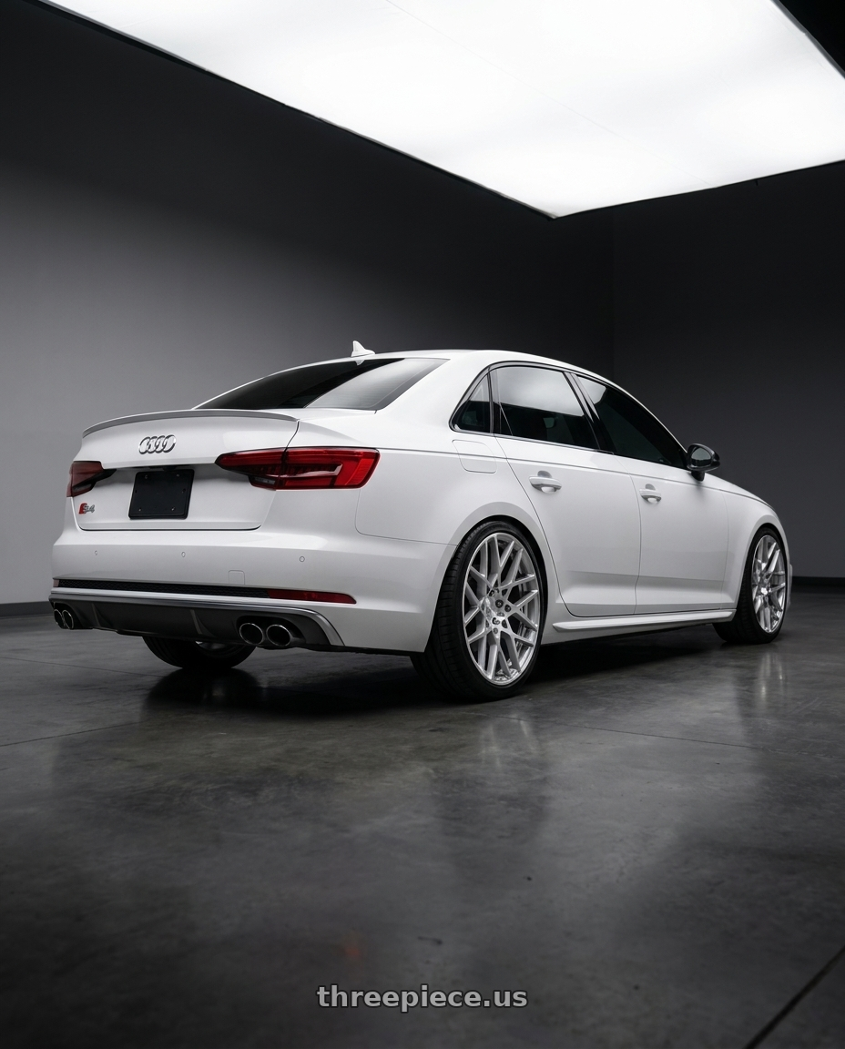 2019 audi s4 with Rotiform 1PC R110 BLQ 5X112 18X8.5 +35 GLOSS SILVER MACHINED wheels rear three quarter view slight stretch tires