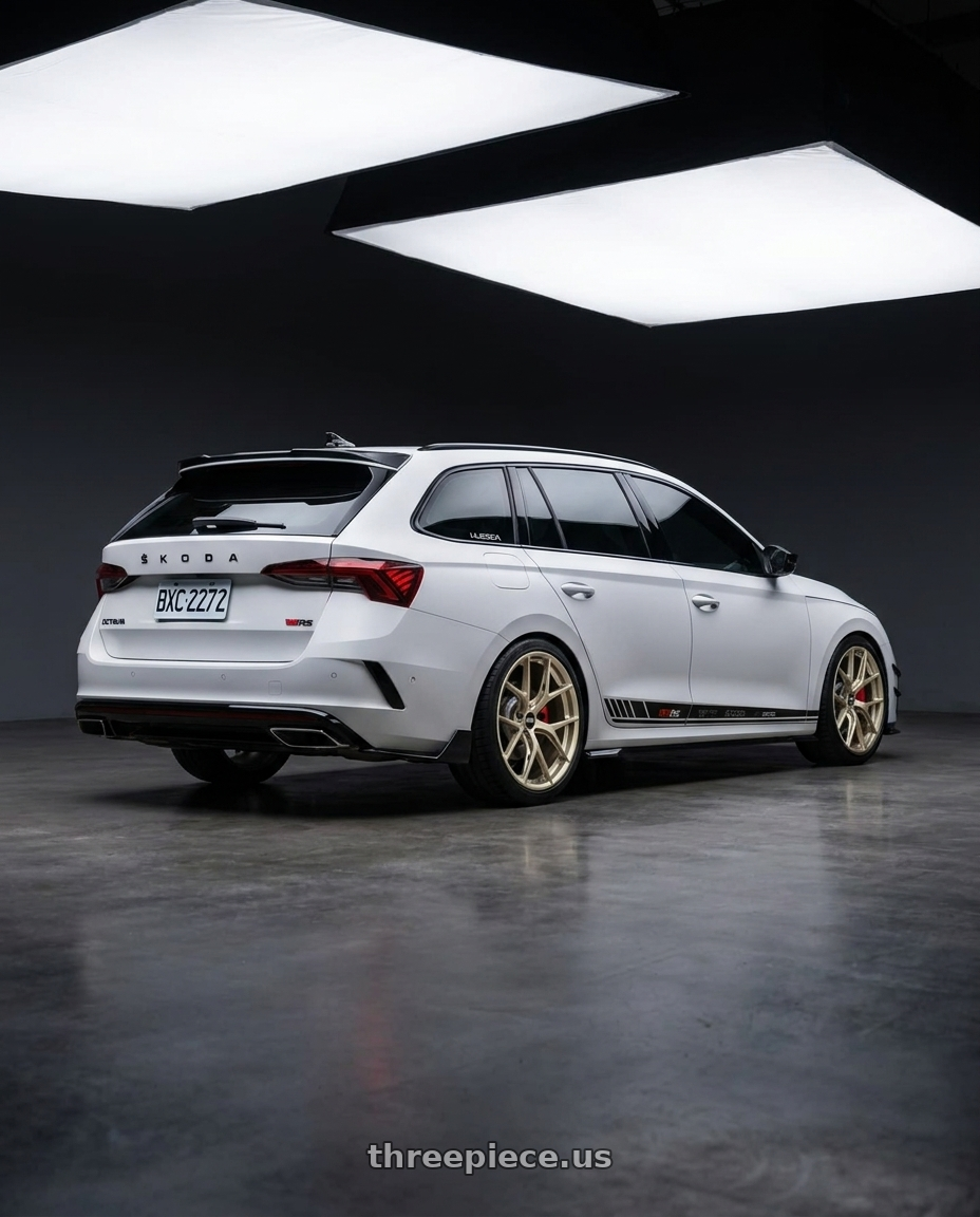 2024 Octavia Combi RS 消光白 with BBS FI-R Evo 5x112 19x9.5+15 White Gold wheels rear three quarter view square tires