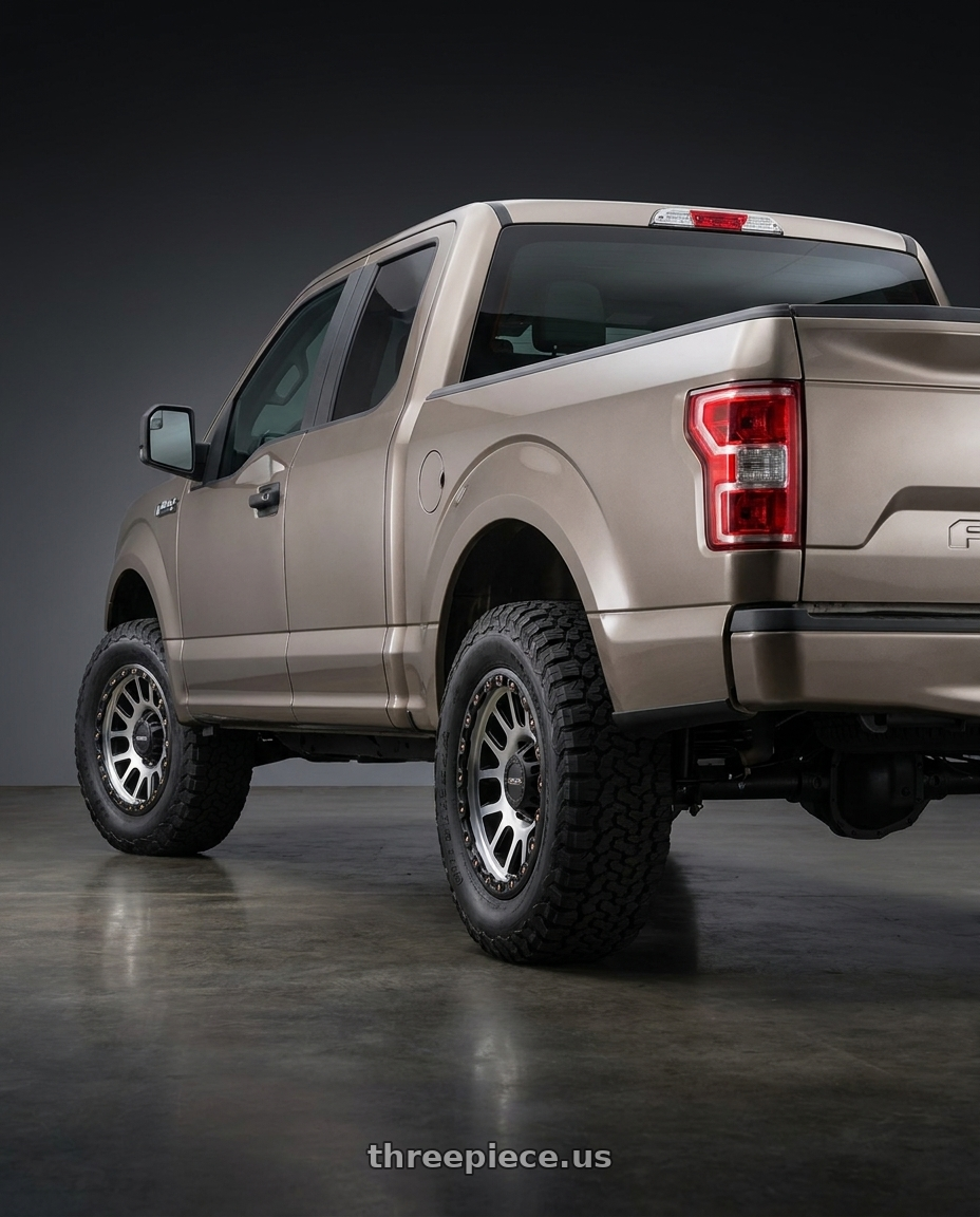 2019 Ford F-150 with Vision Off-Road 111 Nemesis 6x135 20x9+0 Matte Black Machined Face wheels rear three quarter view meaty tires