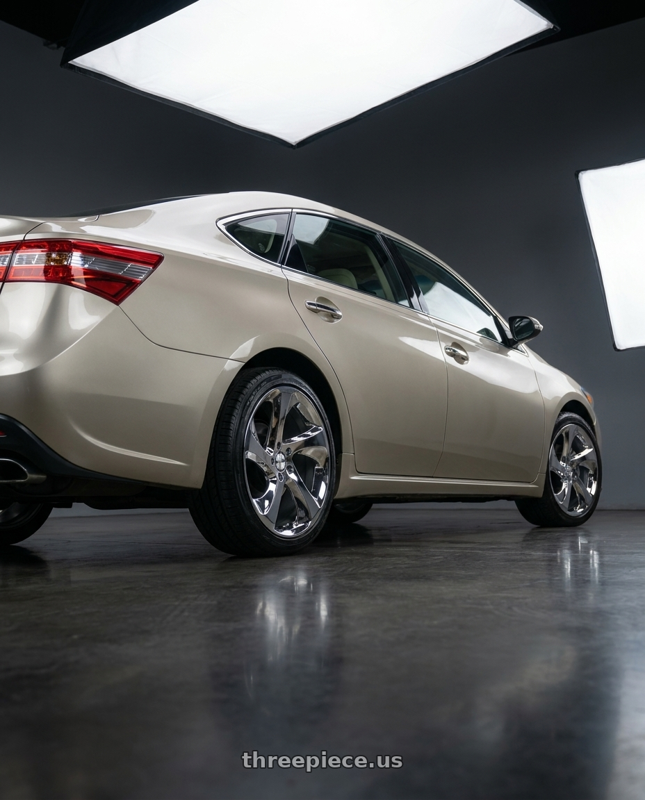 2013 toyota avalon with Shift Strut 5x114.3 18x8.5 +35 Chrome wheels rear three quarter view square tires