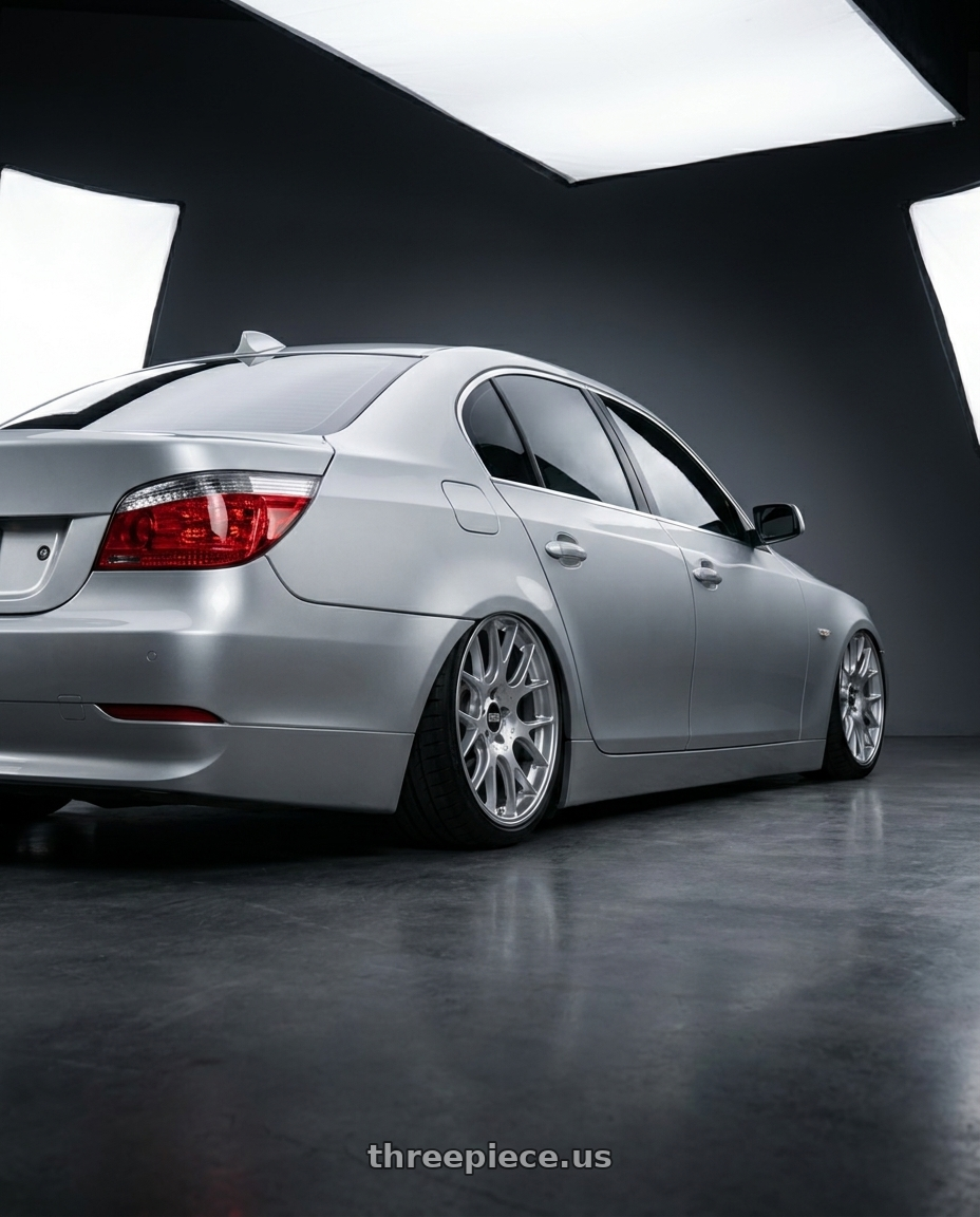 2007 e60 5ser with BBS CH-R 5x120 20x9 +44 Brilliant Silver Polished Rim Protector wheels rear three quarter view square tires