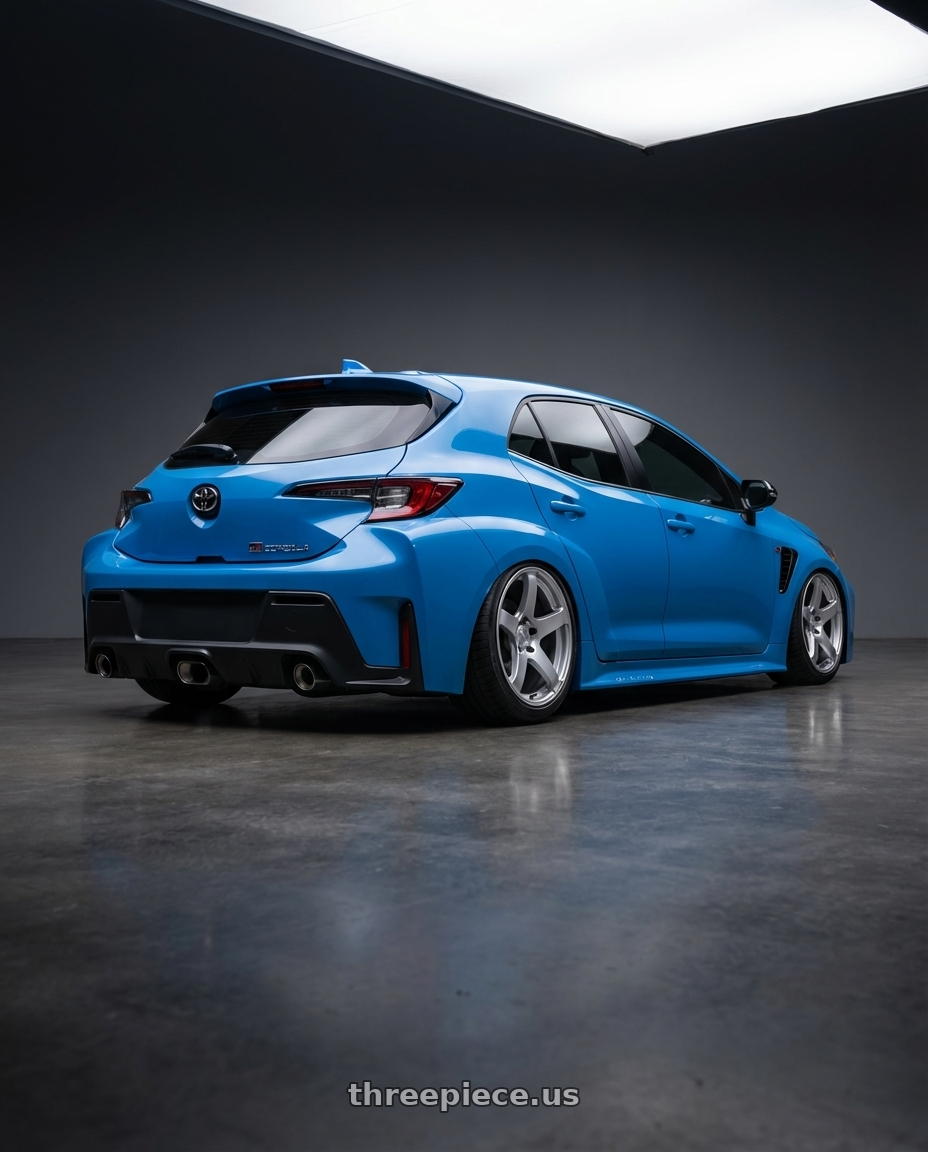 2024 Toyota GR Corolla with Ssr Gtv01 5x114.3 18x8.5+40  GLARE SILVER wheels rear three quarter view slight stretch tires