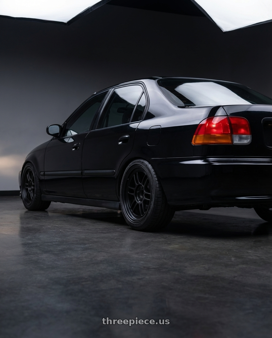 1999 Honda civic LX sedan with Enkei RPF1 4x100 15x8+28 Black wheels rear three quarter view square tires
