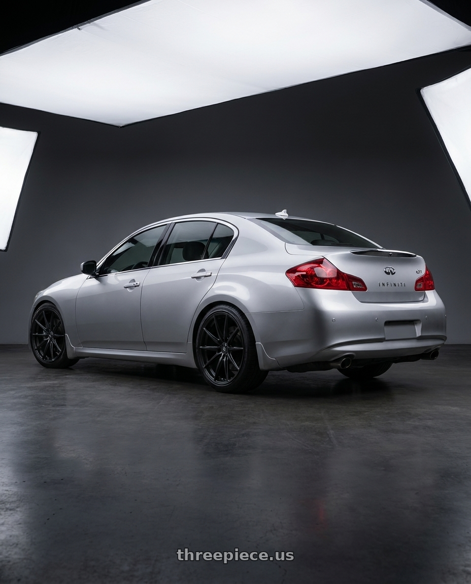 2012 INFINITI G37 with Konig Oversteer 5x114.3 18x9+35 Gloss Black wheels rear three quarter view square tires