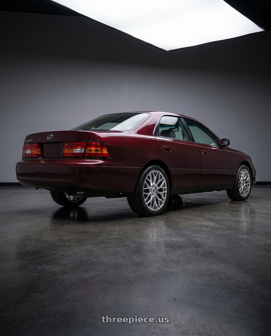 2001 Lexus es 300 with TOUREN TR76 3276 5x114.3 18x8 +35 CHROME wheels rear three quarter view square tires