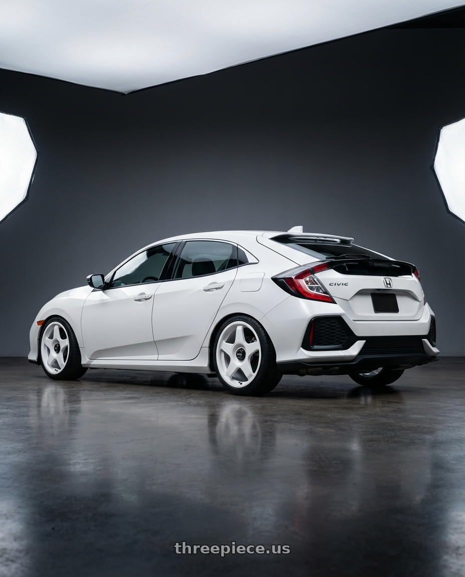 2019 Honda Civic with fifteen52 CHICANE 5x114.3 / 5x100 18x8.5 +35 RALLY WHITE (GLOSS WHITE) wheels rear three quarter view square tires