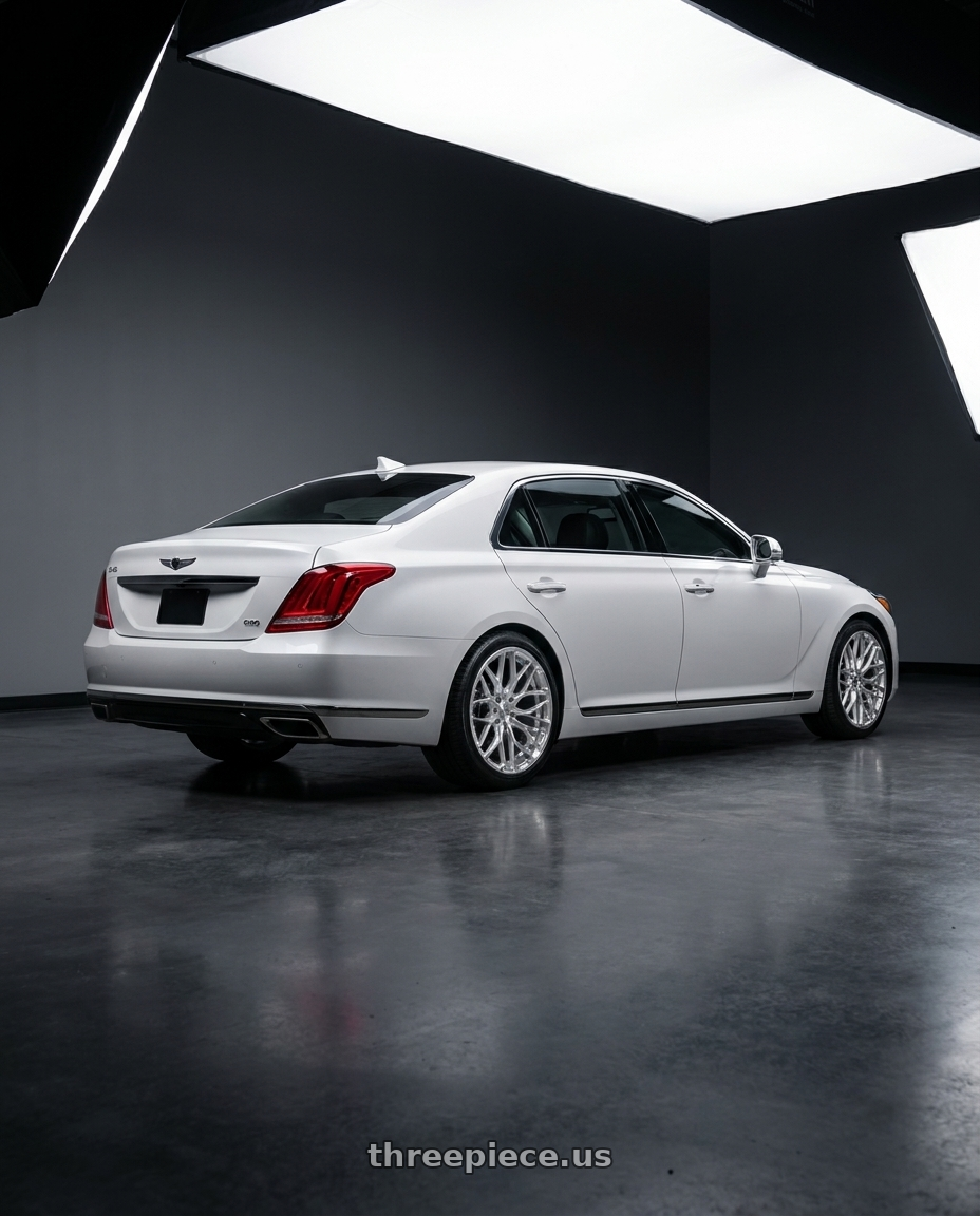 2018 genesis g90 ultimate with DOLCE PERFORMANCE MAGARI 5x114.3 20x9 +25 Gloss Silver wheels rear three quarter view square tires