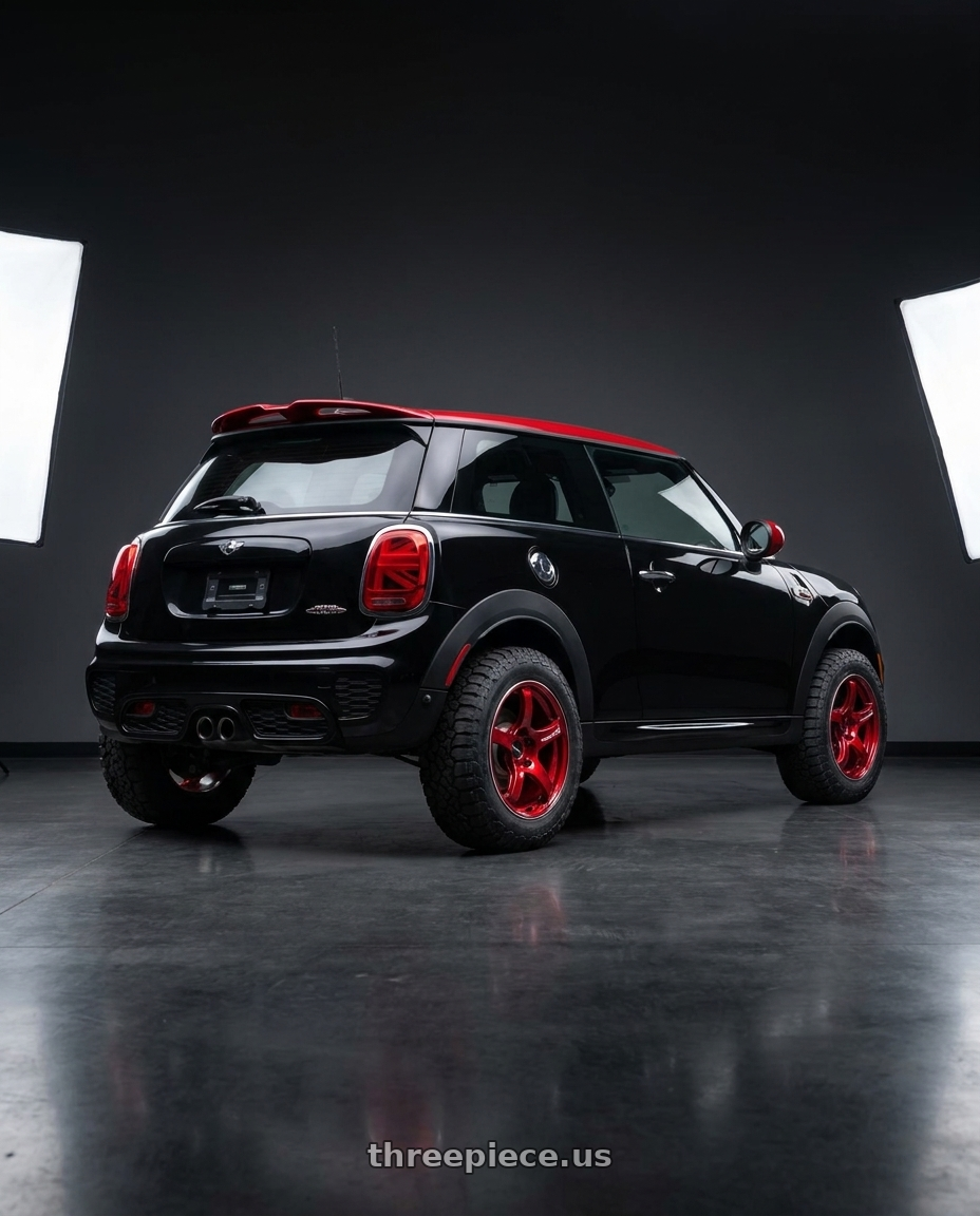 2019 Mini Cooper John Cooper with Advan Racing TC4 5x112 17x7.5 +48 RACING CANDY RED & RING wheels rear three quarter view meaty tires
