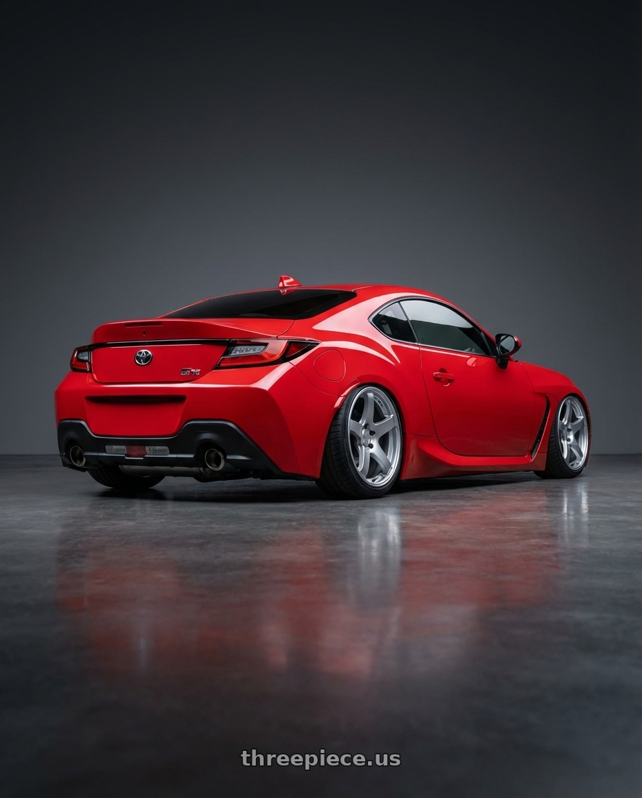 2024 Toyota GR86 with Ssr Gtv01 5x114.3 18x8.5+40  GLARE SILVER wheels rear three quarter view slight stretch tires