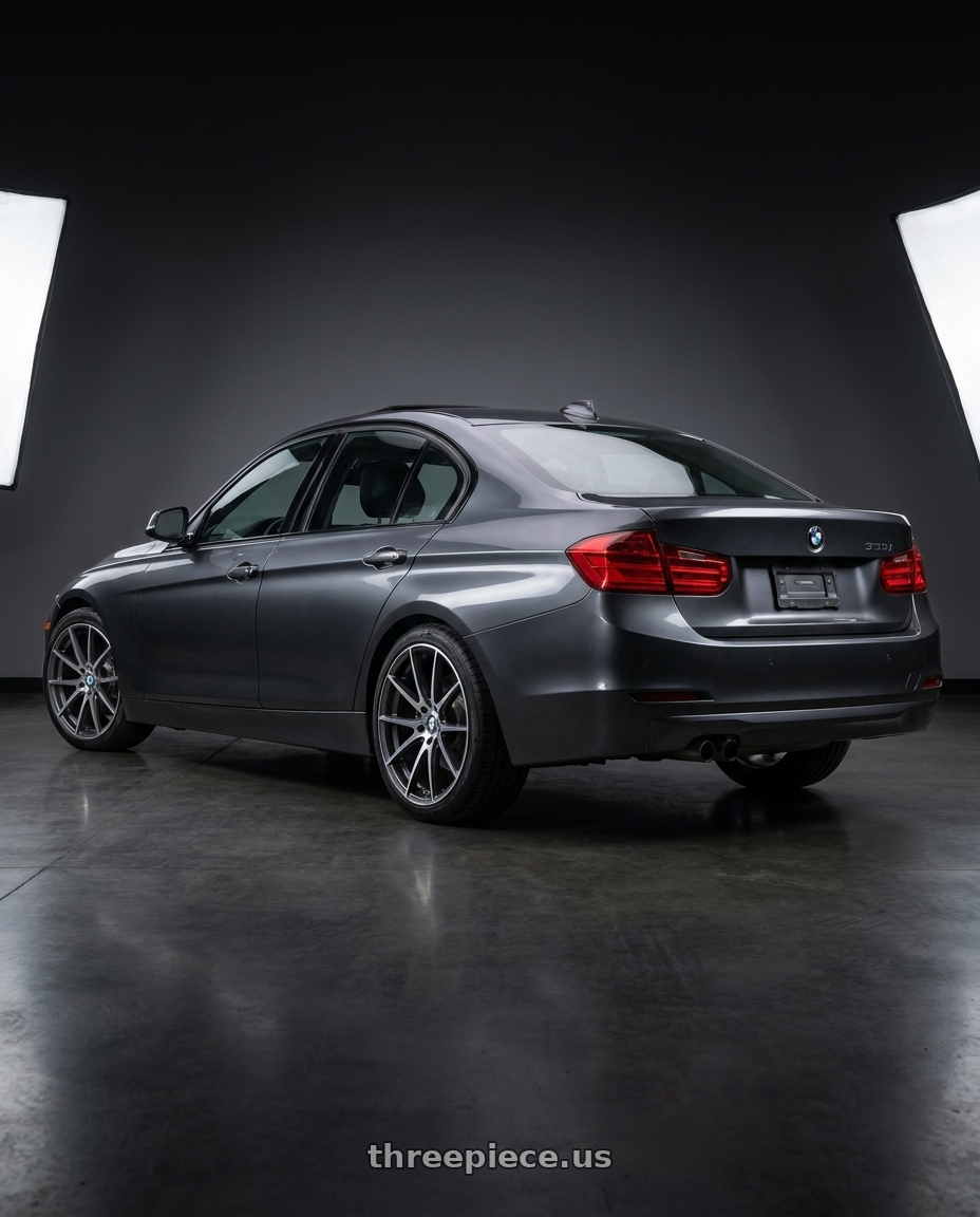 2014 bmw335 x drive sport with Beyern RITZ 5X120 18X9.5 +35 GLOSS GUNMETAL W/ BRUSHED FACE wheels rear three quarter view square tires