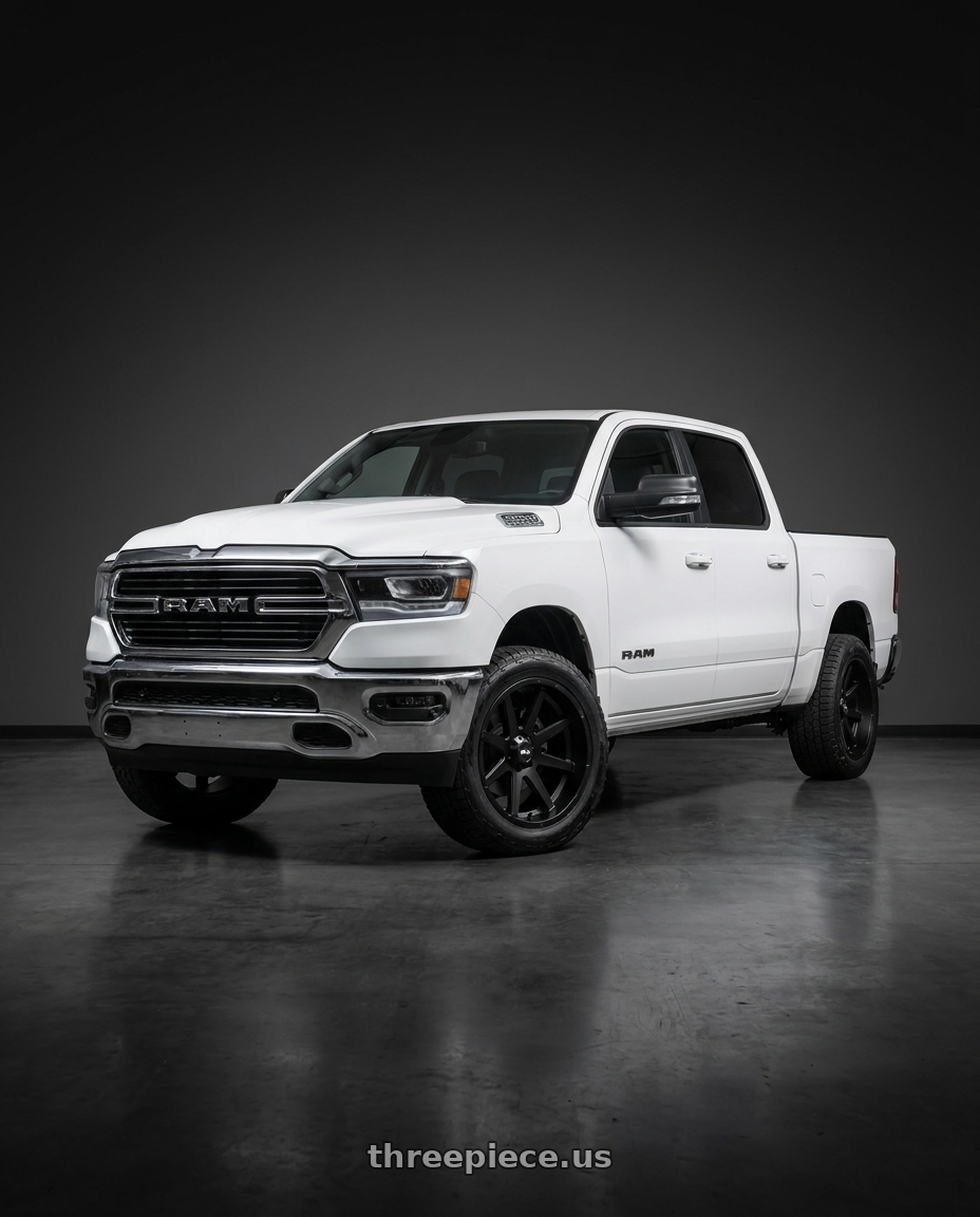 2021 Ram 1500 Laramie fitted with Ion Type 143 6x139.7 20x10-19 Matte Black $315 wheels