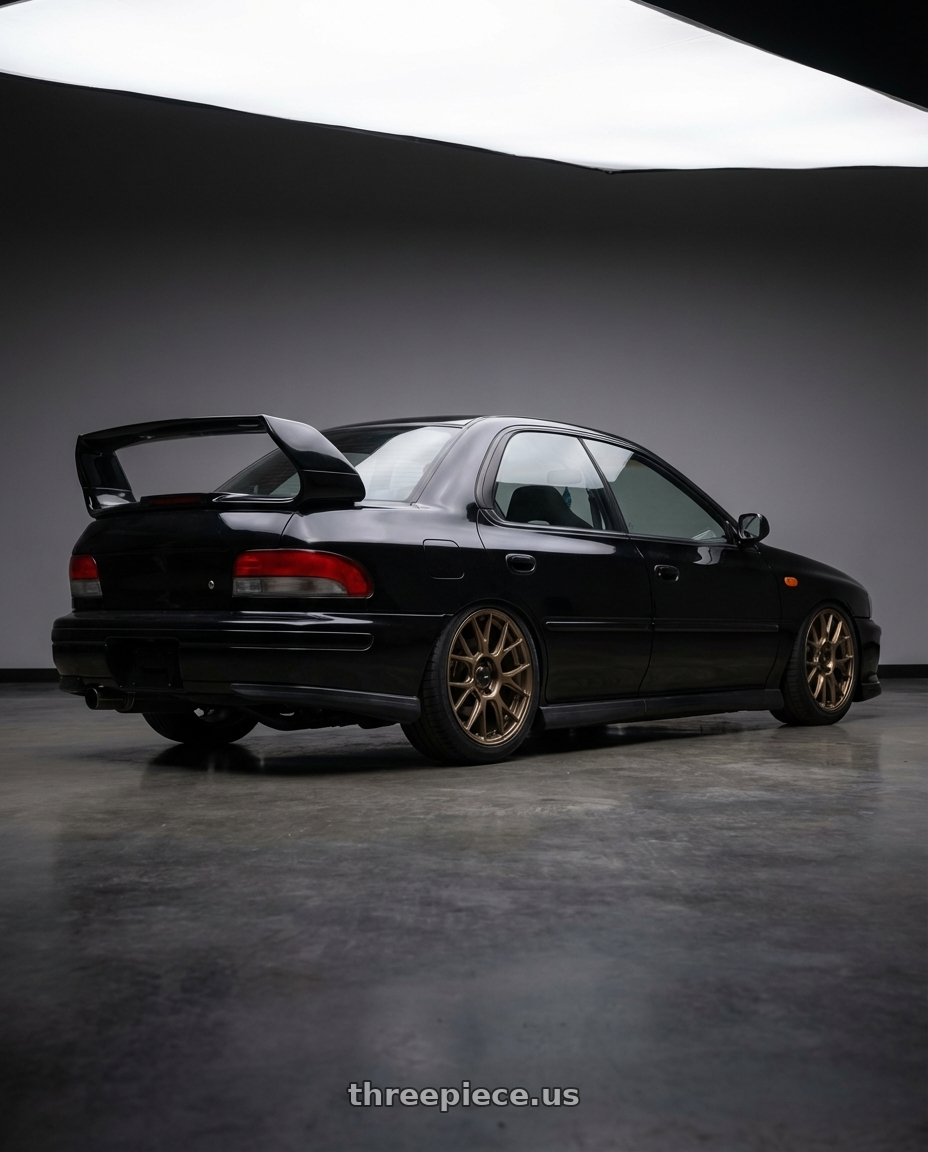 1998 Subaru Impreza GC8 with Konig Ampliform 5x100 17x8+40 Gloss Bronze wheels rear three quarter view square tires