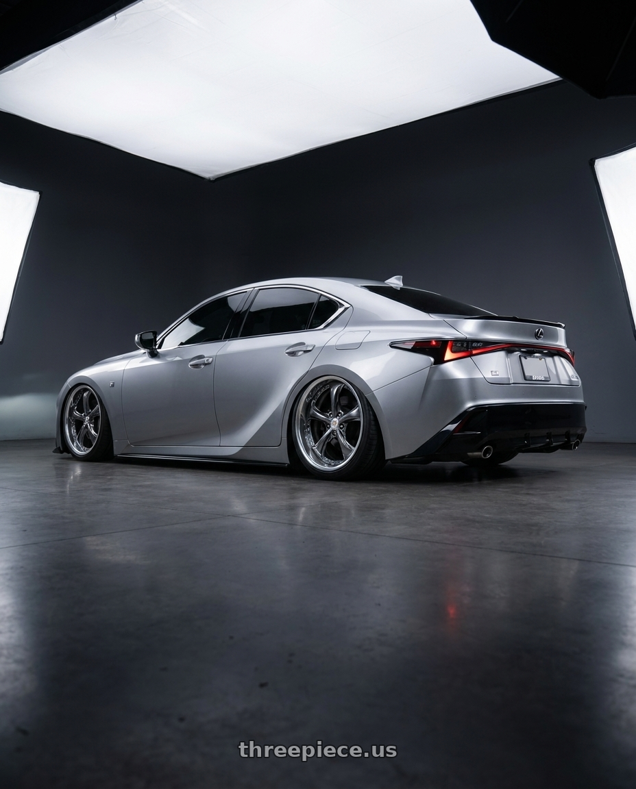 2024 LEXUS IS300 F SPORT DESIGN RWD with Work Wheels VS-KF 5x114.3 18x9.5+40 Brilliant Silver Black O Disk FULL REVERSE wheels rear three quarter view square tires