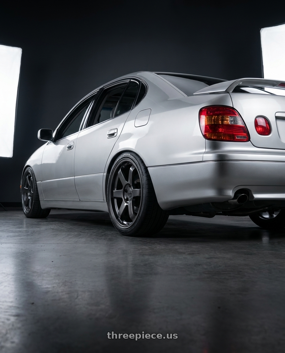 2002 lexus gs430 with KATANA RACING KR08 5x114.3 18x8 +40 Glossy GunMetal wheels rear three quarter view square tires