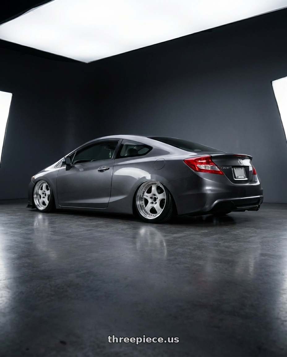 2012 Honda Civic coupe EX with Work Wheels VS-KF 5x114.3 18x8+40 Light Grey Silver A Disk FULL REVERSE wheels rear three quarter view slight stretch tires