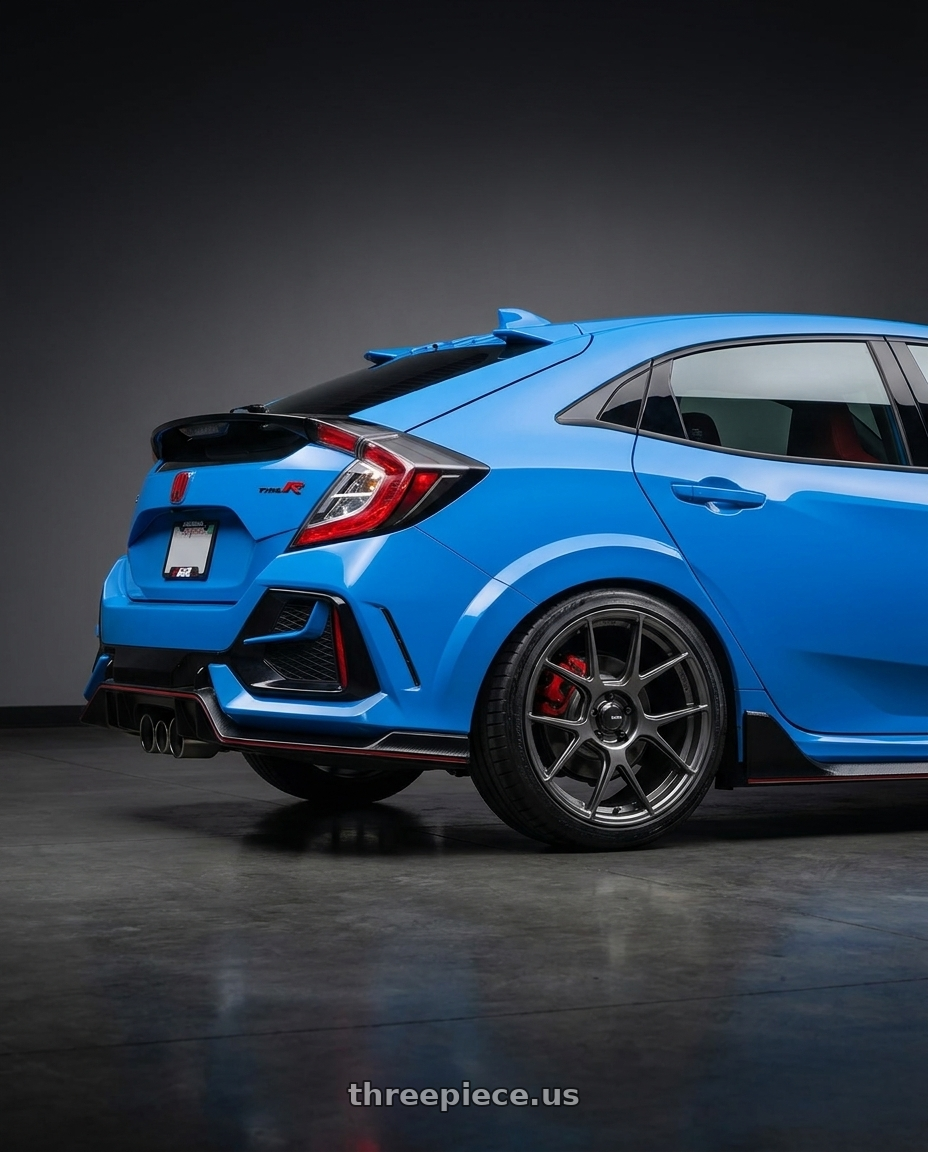 2020 Honda Civic Type R with Konig Ampliform 5x120 19x10+28 Dark Metallic Graphite wheels rear three quarter view square tires
