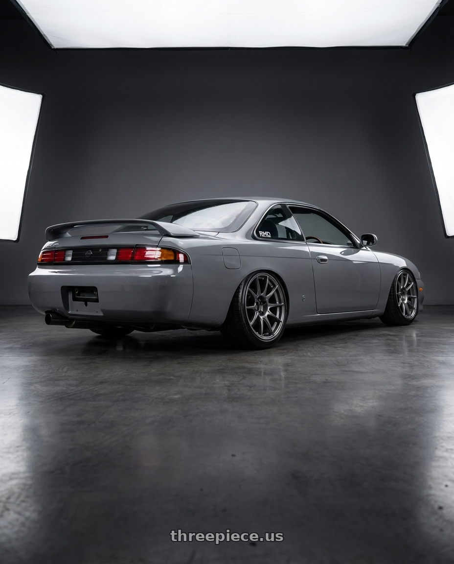 1995 Nissan 240sx with Ssr Gtx01 5x114.3 18x9.5+15  DARK SILVER wheels rear three quarter view extreme stretch tires