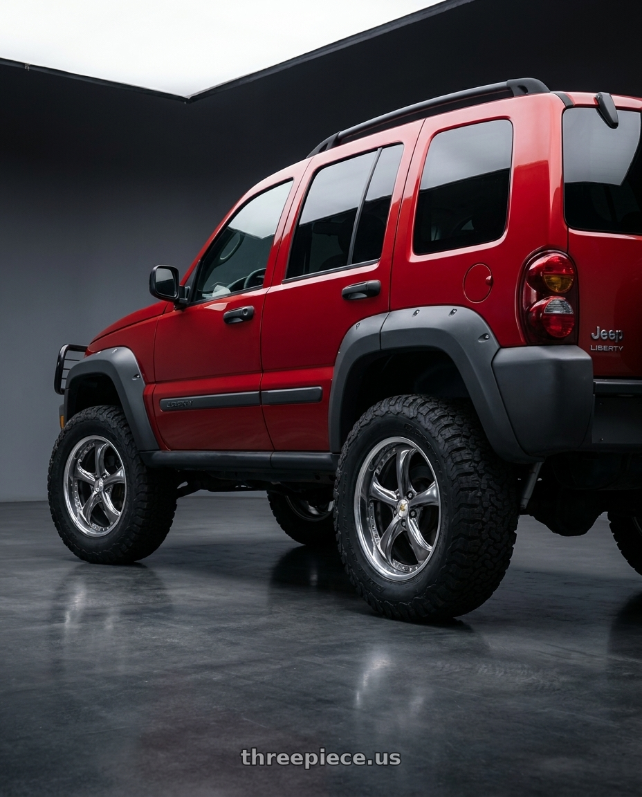 2006 Jeep liberty renegade with Work Wheels VS-KF 5X114.3 19x7.5+21 Brilliant Silver Black A Disk FULL REVERSE wheels rear three quarter view meaty tires