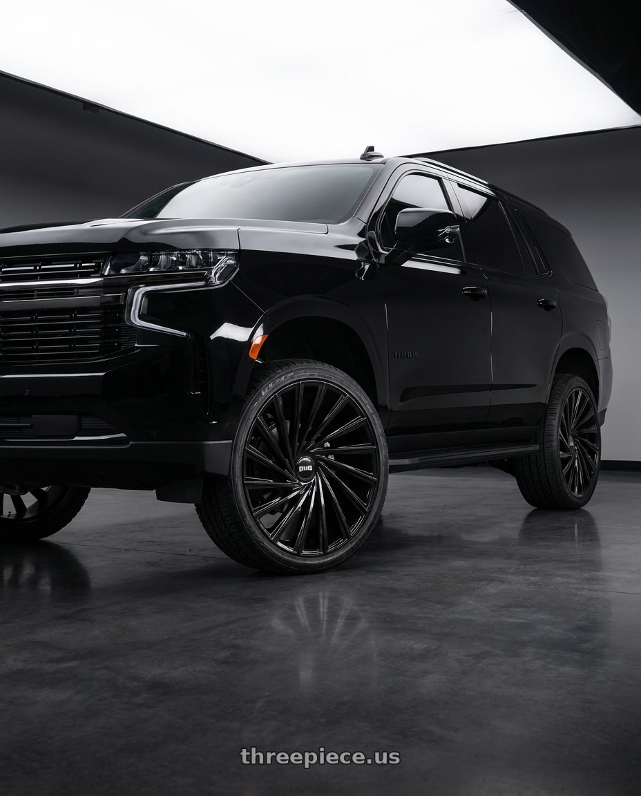 2022 RST Tahoe with DUB 1PC S267 DIRTY DOG 6X139.7 24X10 +25 GLOSSY BLACK MILLED wheels