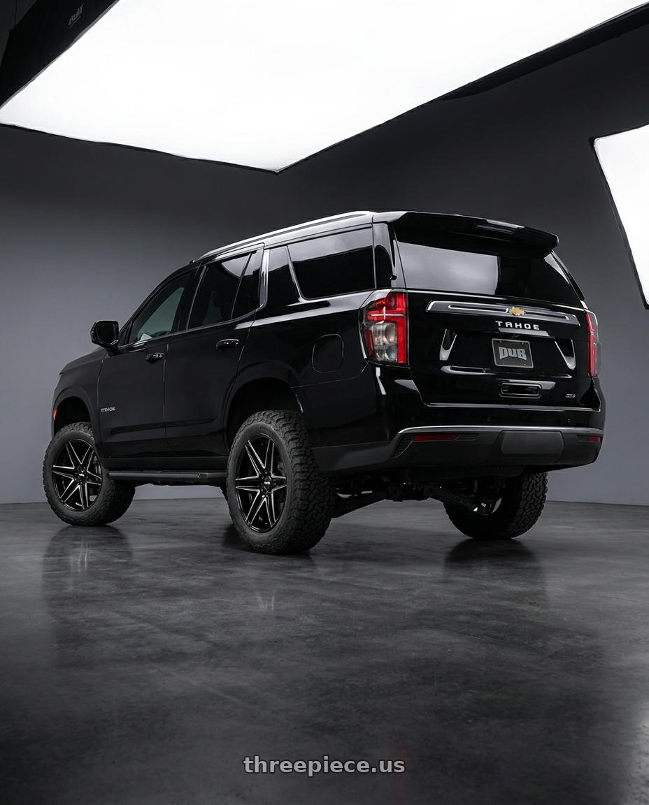 2022 RST Tahoe with DUB 1PC S267 DIRTY DOG 6X139.7 24X10 +25 GLOSSY BLACK MILLED wheels rear three quarter view square tires