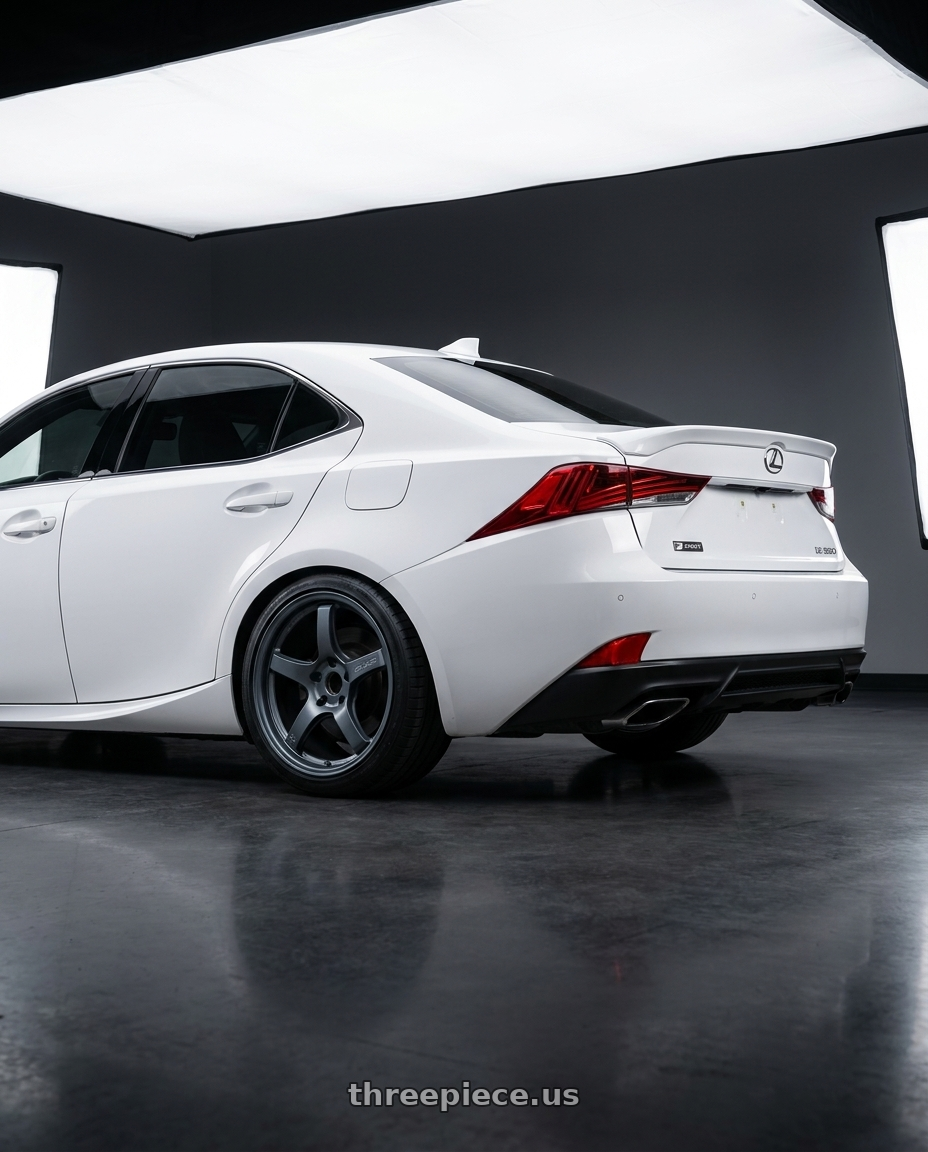 2018 Lexus IS 350 F Sport with Gram Lights 57CR 5x114.3 19x8.5+45 Gunblue II wheels rear three quarter view square tires