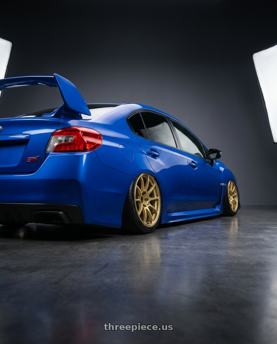 2013 Subaru WRX STI with Advan RCIII 5x114.3 18x8.5+53 Gold wheels rear three quarter view slight stretch tires
