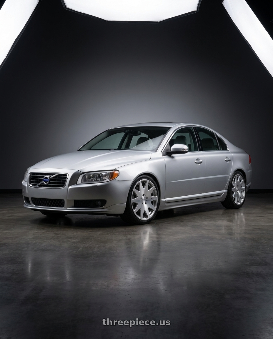 2012 Volvo S80 with MRR HR3 5x108 19x8.5  +35 Silver Machine Face wheels front three quarter view lowered stance