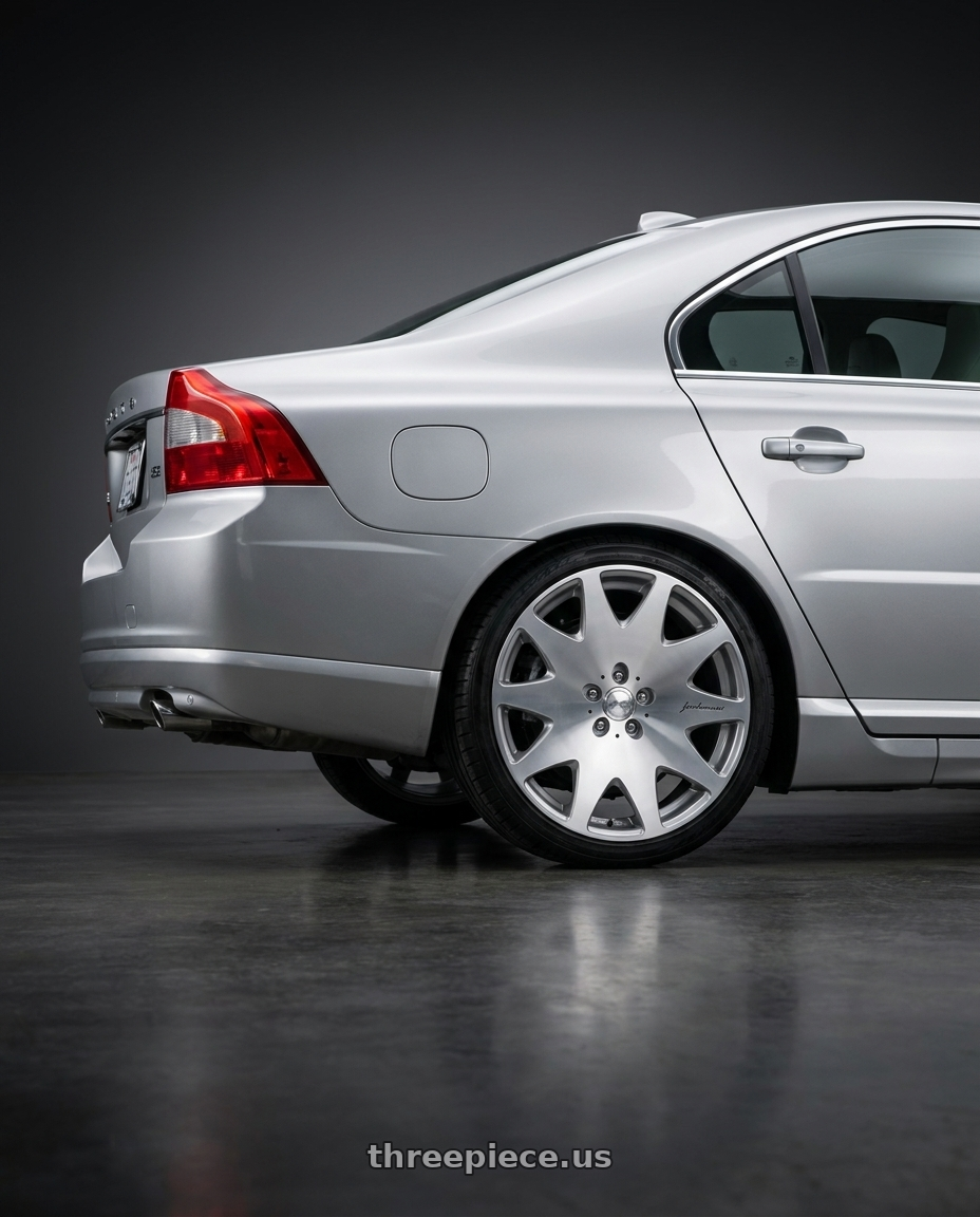 2012 Volvo S80 with MRR HR3 5x108 19x8.5  +35 Silver Machine Face wheels rear three quarter view square tires