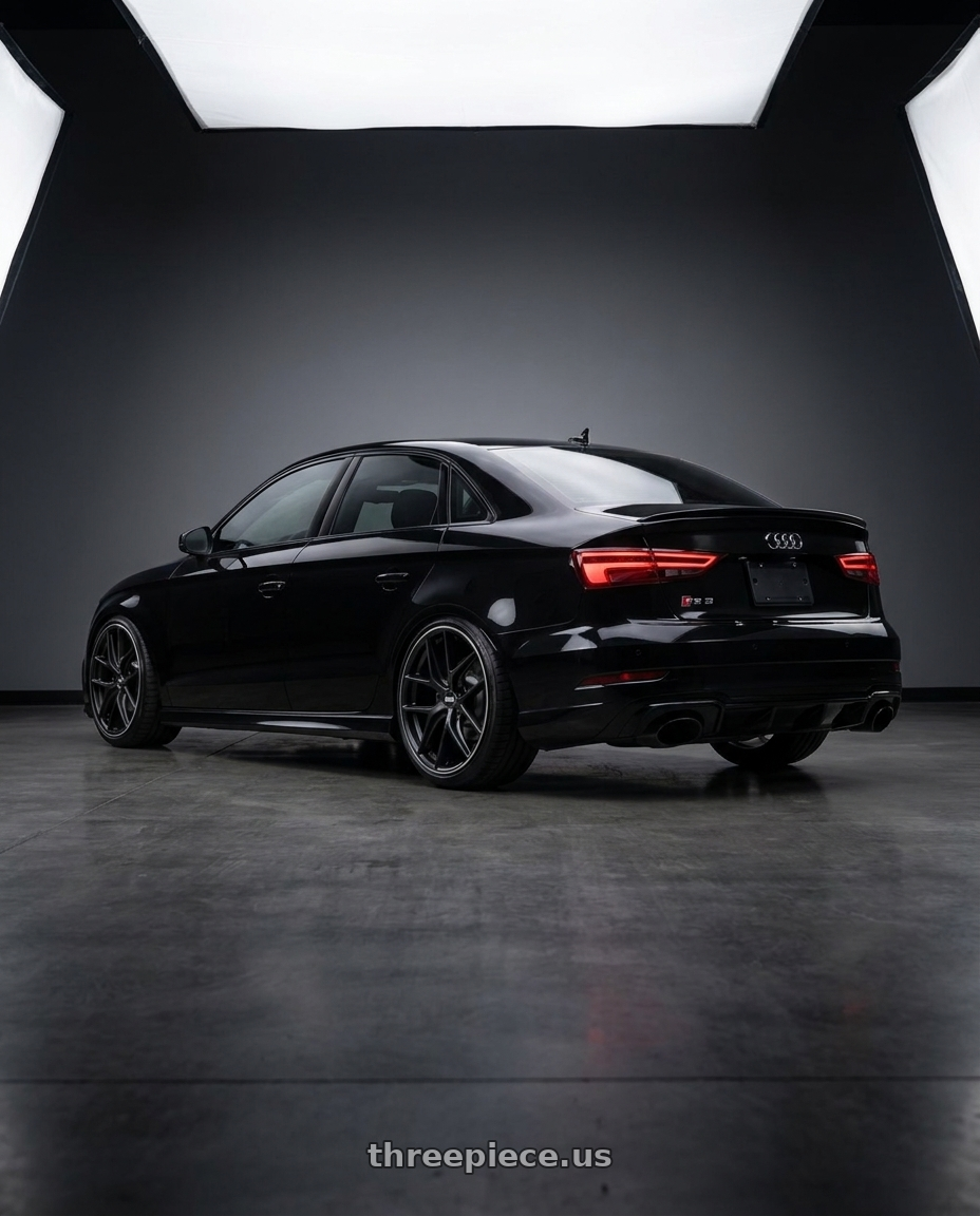 2017 Audi RS3 with BBS CC-R 5x112 20x10.5+34 Satin Black wheels rear three quarter view extreme stretch tires