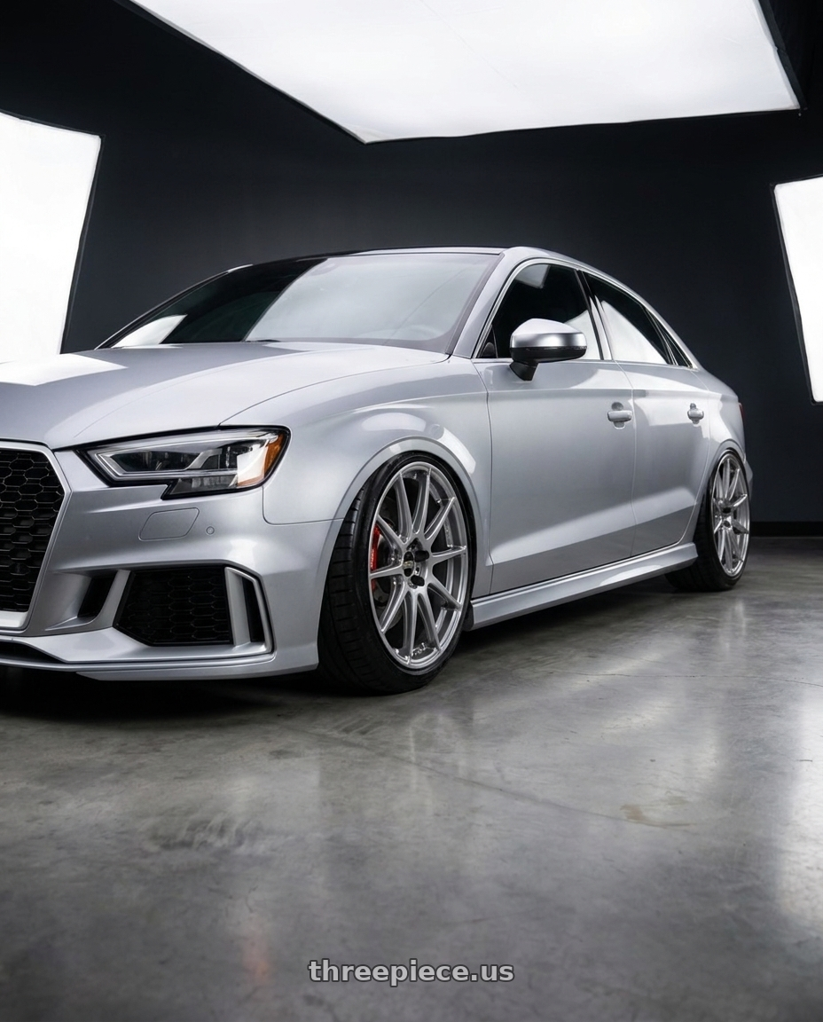2017 Audi RS3 with BBS FS 5x112 19x9.5+45 Diamond Silver wheels front three quarter view lowered stance