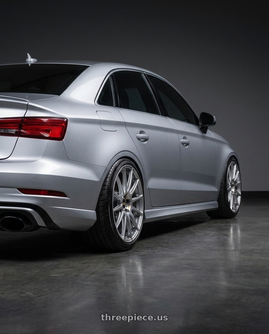 2017 Audi RS3 with BBS FS 5x112 19x9.5+45 Diamond Silver wheels rear three quarter view extreme stretch tires