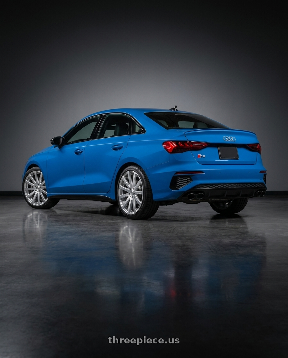 2023 Audi S3 with MRR HR9 5x112 19x8.5  +45 Silver Machine Face wheels rear three quarter view square tires
